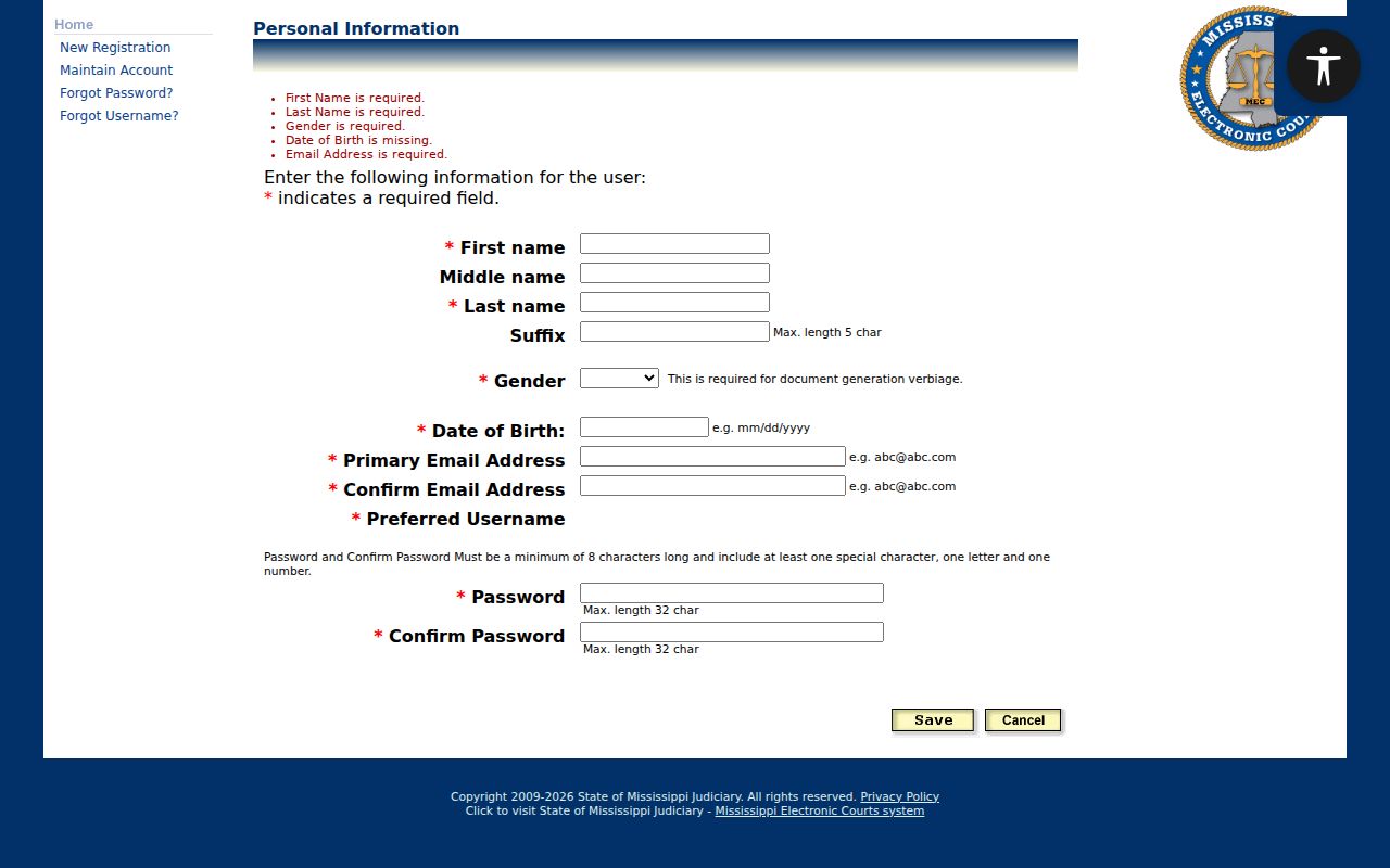 Benton County case search PAMEC personal registration fields