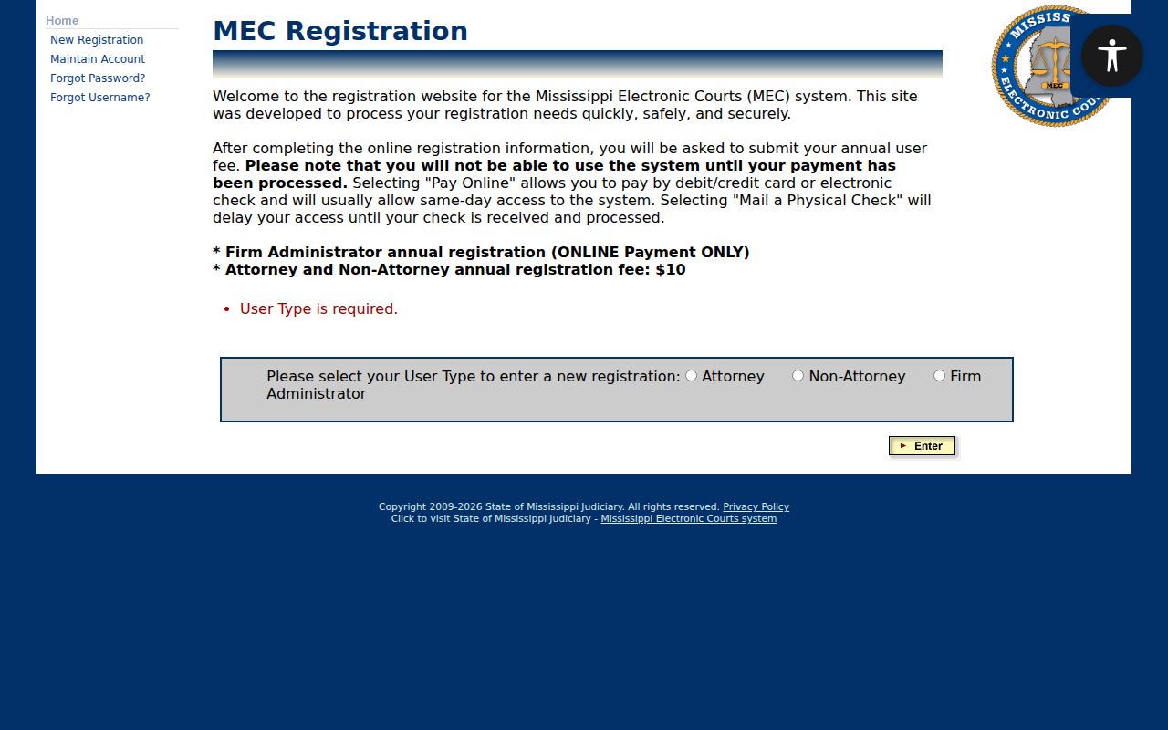 Benton County case search PAMEC registration account type choices