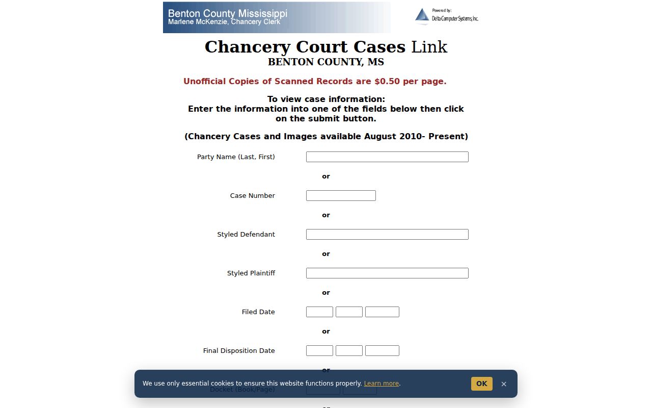 Benton County civil docket Chancery search refinements and nature fields