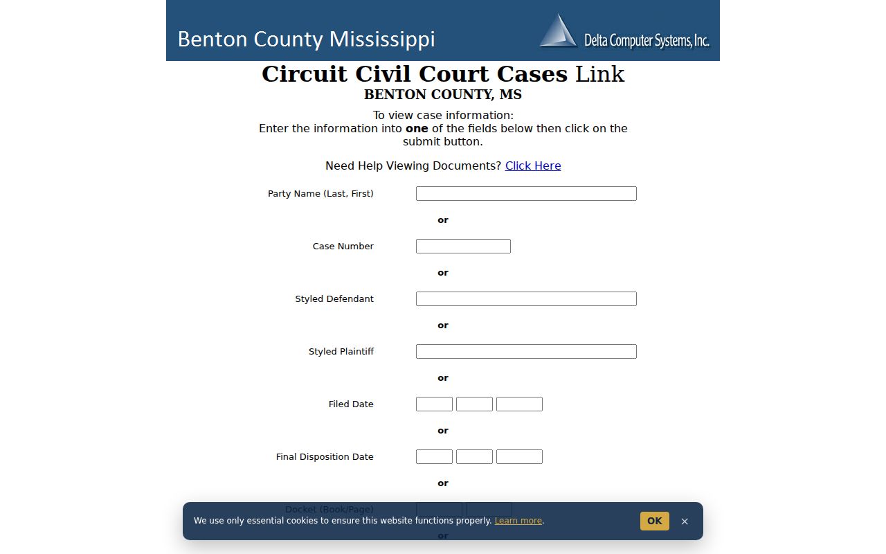 Benton County civil docket Circuit Civil query fields