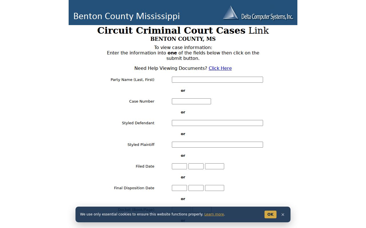 Benton County criminal docket search fields on the Circuit Criminal query