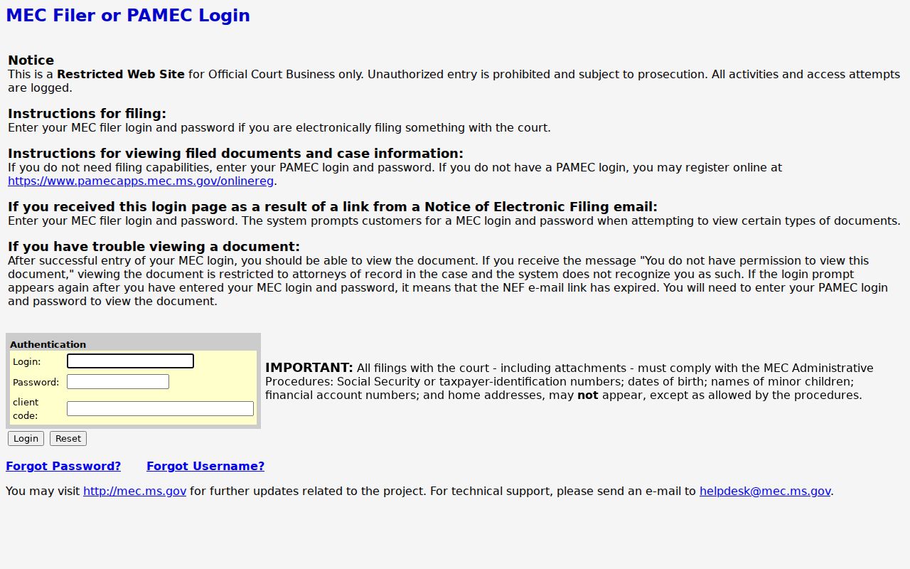 Benton County criminal docket MEC login and PAMEC access screen